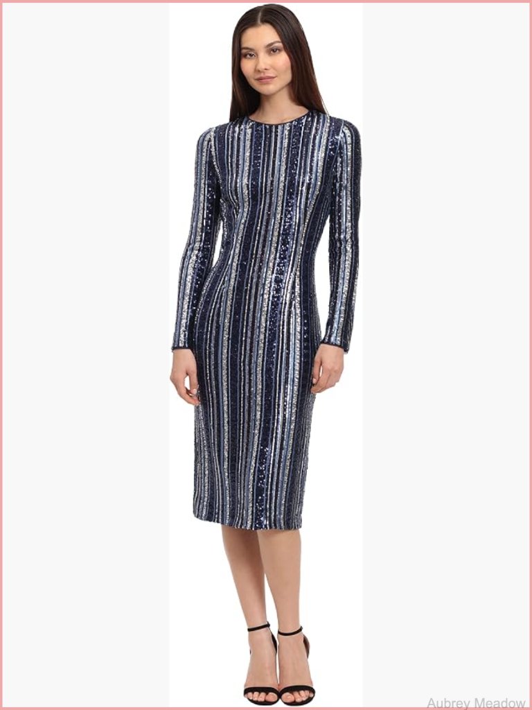 Long Sleeve Midi Dress Jewel Neck Sheath Zipper Back Sequin